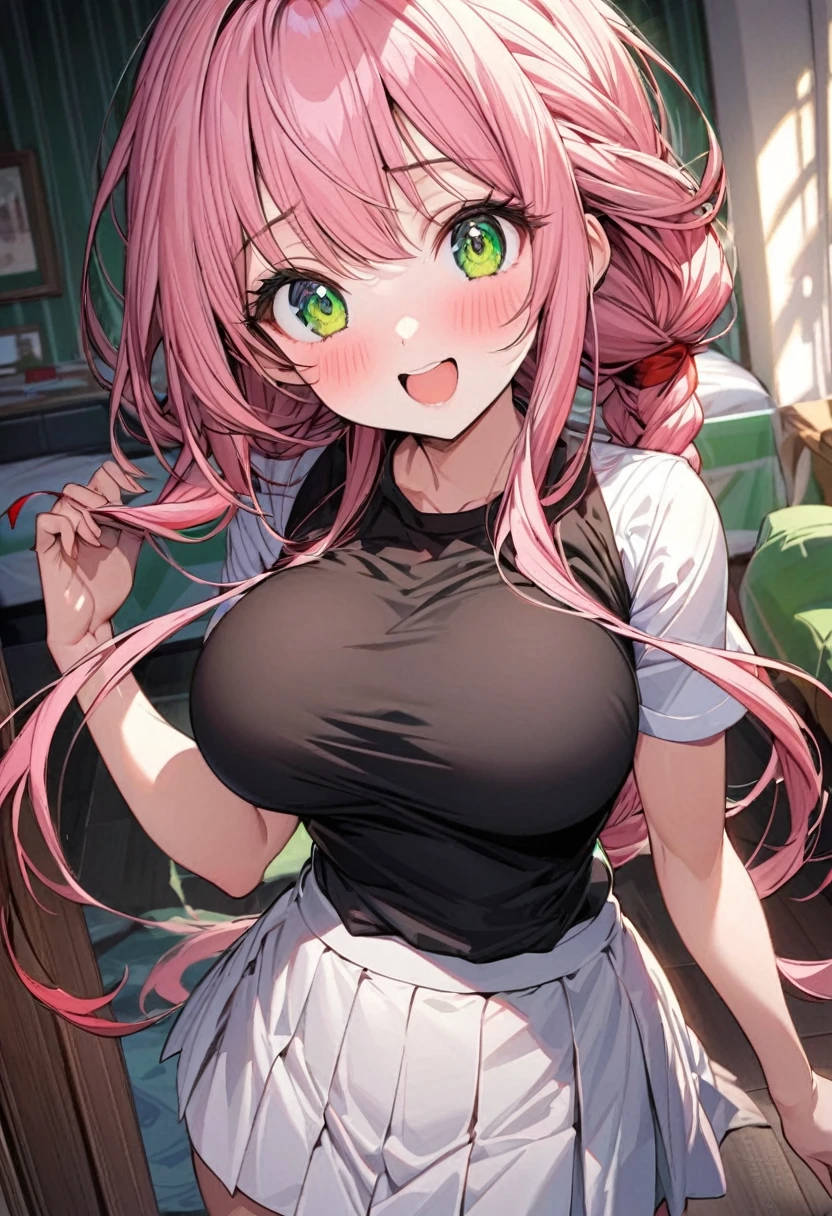 The image is of a beautiful woman wearing a tight fitting black button-up shirt with a short pleated black and white skirt. The school outfit is black with white accents. The woman has long flowing pink hair with strands of braided hair tied with red ribbon throughout. She has gorgeous green eyes that shine like emeralds. Her face is youthful and gorgeous. Her breasts are ample and seem too large for her tight fitting black uniform top. She is short in height but well developed -a short stack. She blushes as you look at her. She's standing in your bedroom and is excited to be with you. The image is ultra detailed with gorgeous colors, perfect line work, and detailed shading.