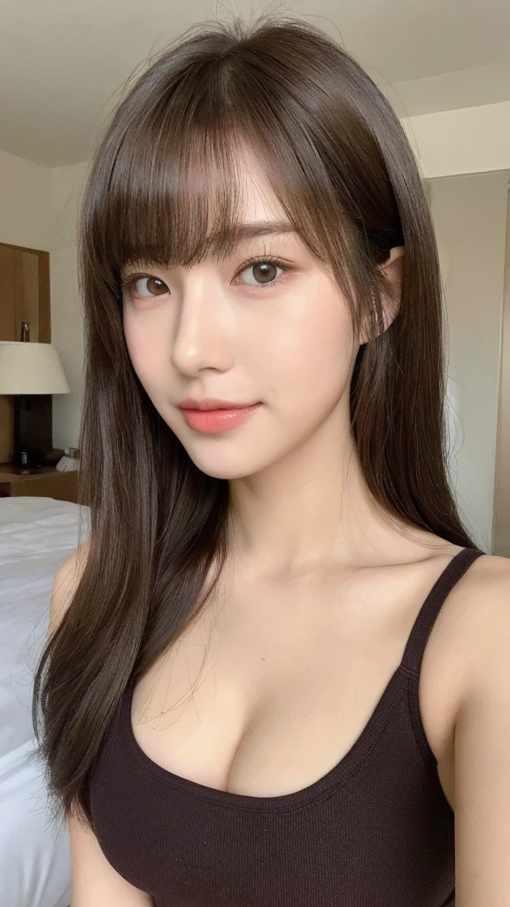 （(8K, RAW Photos, Highest quality, masterpiece: 1.2)）, Super detailed, Super Resolution, (Genuine, Genuine photos: 1.37), whole body, High-resolution RAW color photos, Professional photos, とても細かくて美Shii, Very detailed, 8K 壁紙, Amazing details, Large file size, Official Art, Very detailed CG Unity 8K 壁紙, Very detailed beautiful girls, Very detailed facesHighly detailed eyes, Very detailed skin, Very detailed fingers, Very detailed nose, Very detailed mouth, Perfect Anatomy, Very detailed background, Very detailed clothing, One Girl, (18:1.2), , cute girl, Famous Japanese Idols, cute, Genuineistic body, White skin, Glowing Skin, The body is slim, Handsome body, Brown Hair, Curly Hair, (Blunt bangs: 1.2) , smile, like々Shii, かわいらShii顔, Genuineistic face, Sharp focus :1.2, 完璧な体型の美Shii女性 :1.4, Slim Abs :1, ((Dark brown hair, Big Breasts :1)), Body Dress :1.1, (resort hotel bedroom, Resort Hotel Beds :1.1), Black underwear, Exposed cleavage