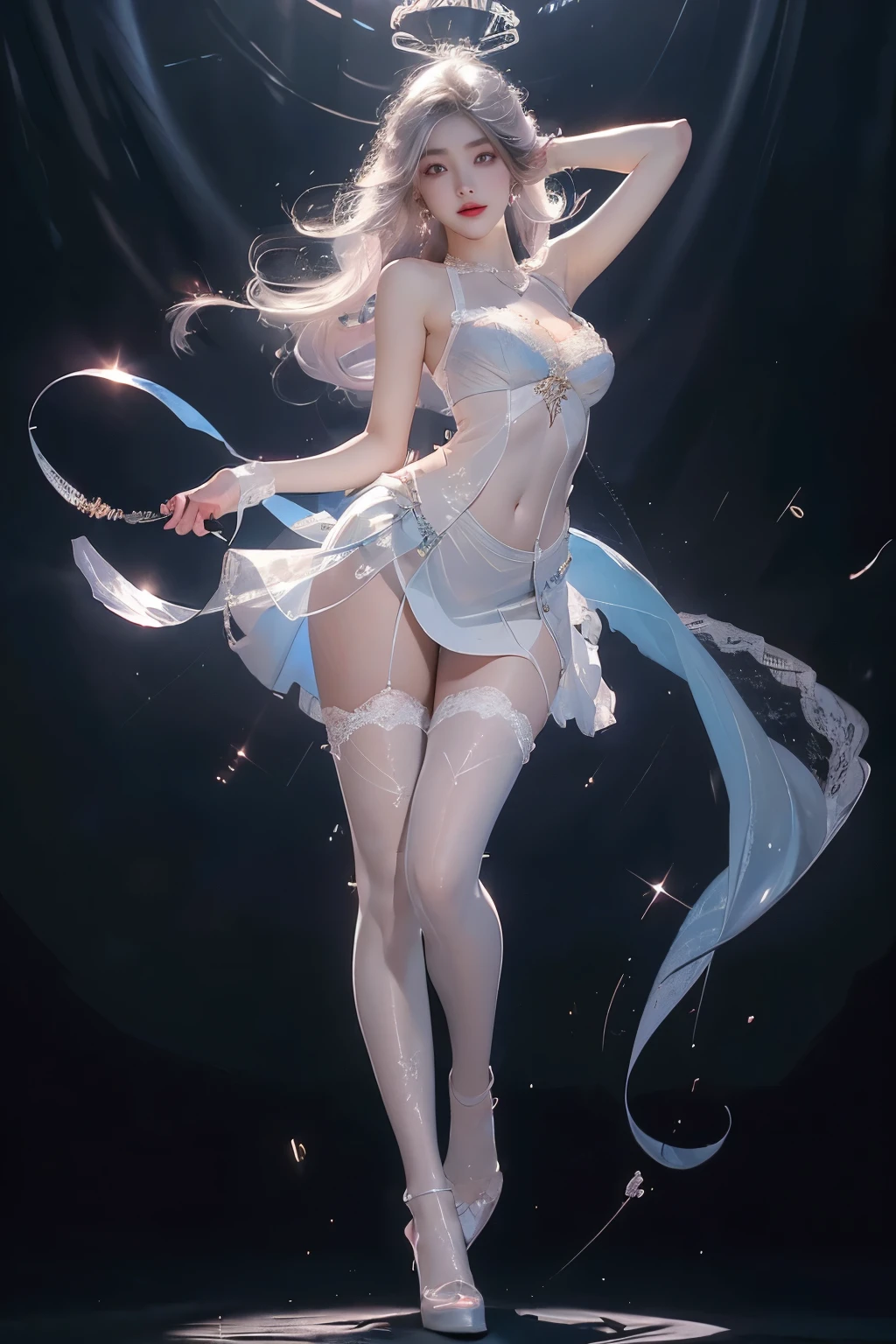 ((full body)), ((from below)), Clear face, pretty face, 8K, masterpiece, original photo, best quality, detail:1.2),lifelike, Extremely detailed CG unified 8K wallpapers, depth of field, film light, lens flare, Ray tracing, (extremely beautiful face, beautiful lips, beautiful eyes), intricate detail face, ((ultra detailed skin)) 1 girl, in the darkness, deep shadow,
Beautiful Korean girl, kpop idol,(Very slim and slender figure:1.3), (bright smile), (City night, (neon sign), (night), Beautiful Korean girl, white diamond earrings, Diameter bracelet, Dia necklace, pantyhose, clear eyes, walk, face forward, (big eyes), ((Lace's )),Pale pink underwear,Small breasts,Beautiful nipples,