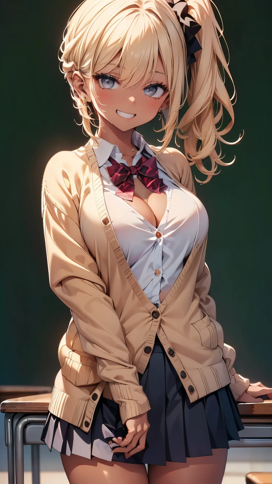 ((masterpiece、Highest quality、Very detailed))、One Girl、((Brown skin:1.3))、Blonde、Side Ponytail、Grey Eyes、evil smile、((Grin))、Earrings、Large Breasts、((White shirt))、((brown cardigan))、Black pleated skirt、Cowboy Shot、Classroom Background