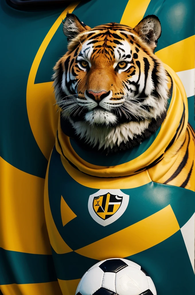A shield of a professional soccer team called Aragua , integrates a tiger with a soccer ball in teal and yellow colors 