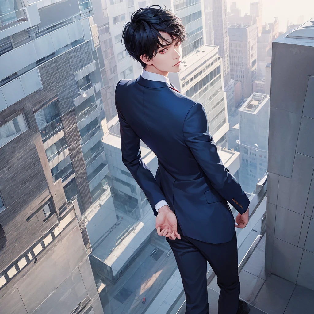 1boy, short black hair, red eyes, wearing all blue suits, on top of a building, high res, ultrasharp, 8k, masterpiece, looking at viewer from behind
