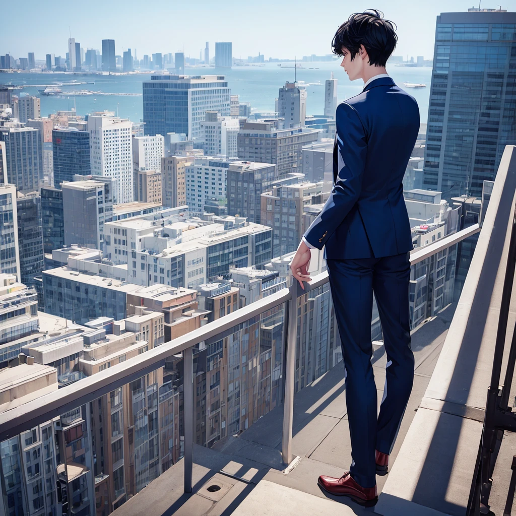 1boy, short black hair, red eyes, wearing all blue suits, on top of a building, high res, ultrasharp, 8k, masterpiece, looking at viewer from behind
