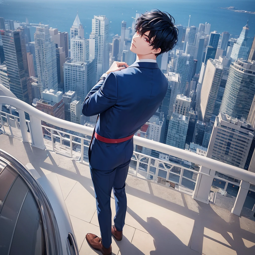 1boy, short black hair, red eyes, wearing all blue suits, on top of a building, high res, ultrasharp, 8k, masterpiece, looking at viewer from behind