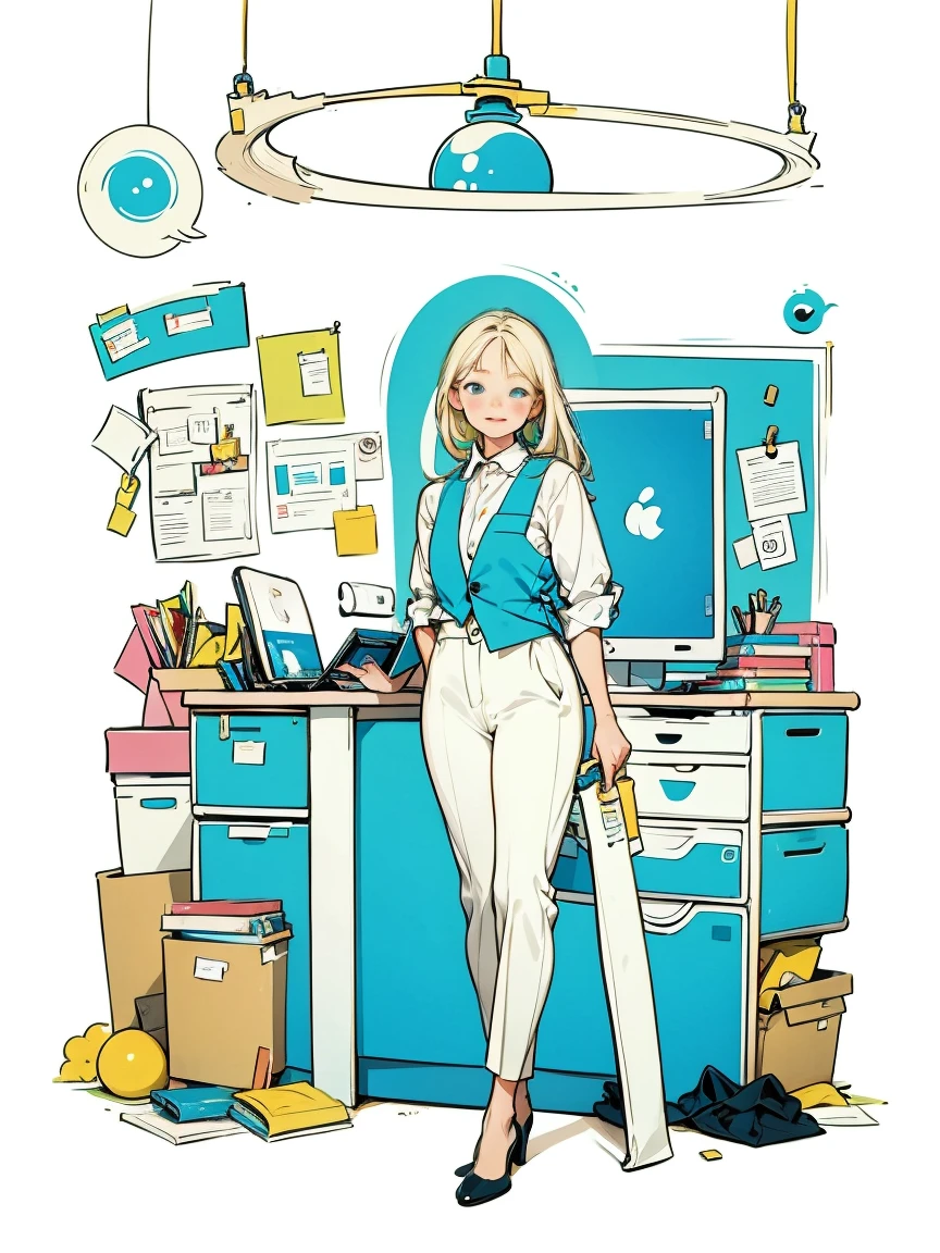 One girl in a white shirt and blue vest,pants,Are standing,Working in the office,Long Hair,smile,Simple Background