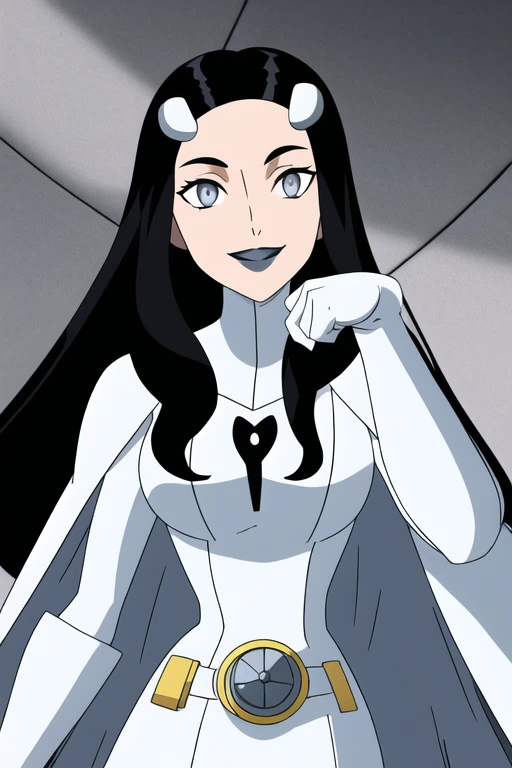 Phantom girl, long black hair, bodysuit. grey eyes, smile, white hair ornament, grey lips, sanpaku, belt, white cape, white gloves, best quality, masterpiece, cowboy shot