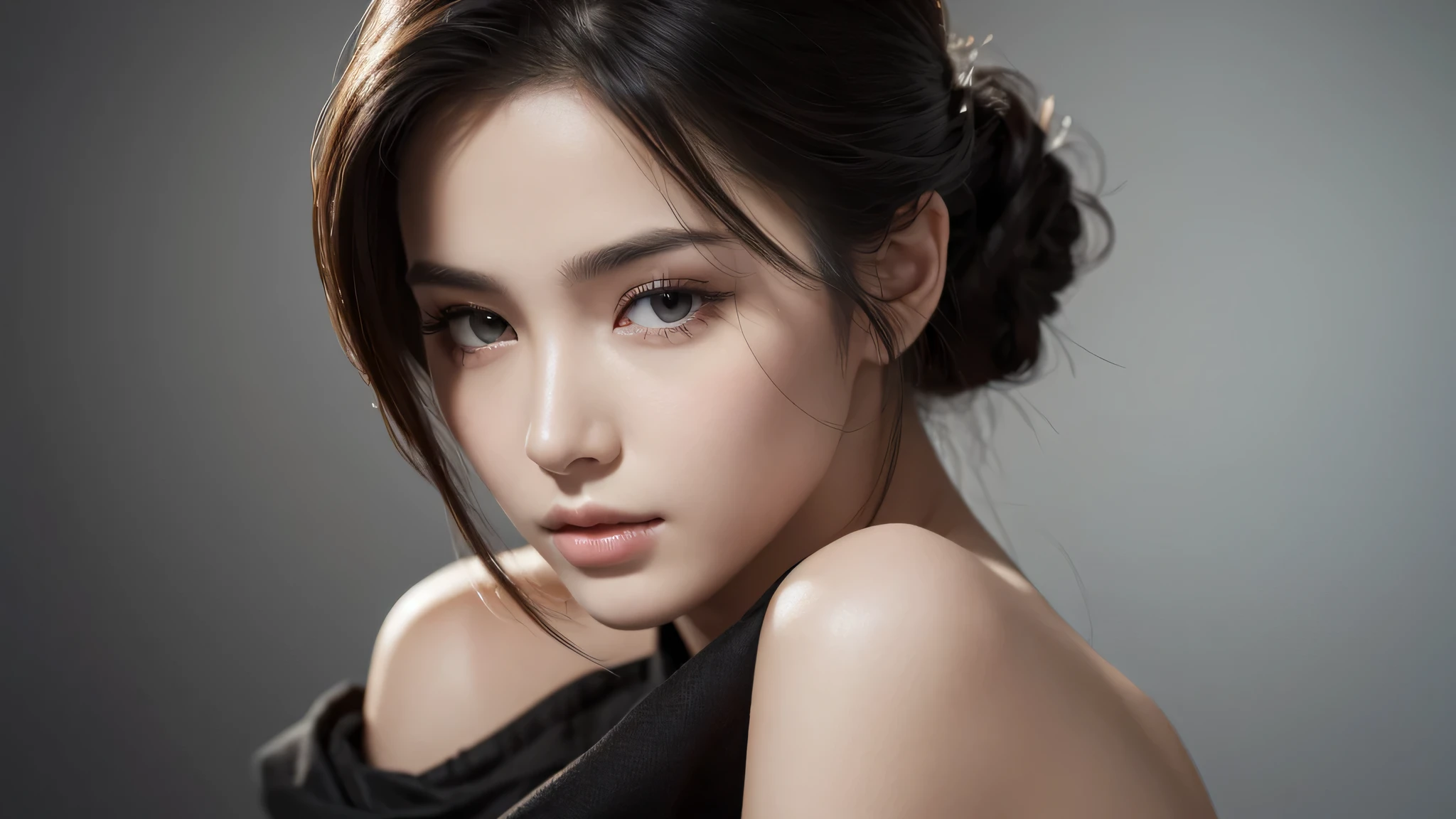 (masterpiece:1.2), (best quality), (ultra detailed), (8k,intricate), (lens 135mm,f1.8),(photorealistic)(black background:1.3),
portrait photography,(upper body:1.3),(off-shoulder),
side lighting,Rim lighting,best shadow,face light source,
perfect anatomy, perfect face,perfect female body,first-rate female bodies,
Detailed skin texture, detailed cloth texture, detailed beautiful face,exquisitely detailed skin,highly detailed skin,pale skin,detailed hair,glistening skin,