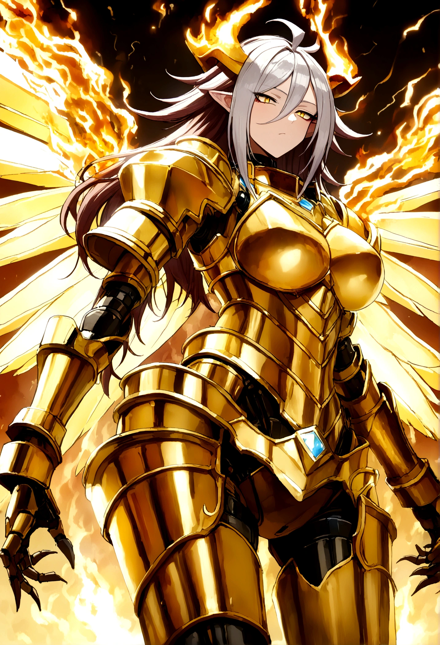 ((Lightning Power)), ((Electricity)), ((Fire Background)), ((Lightning Storm)), ((Power Erupting)), (((((android 21))))), ((((Genkidama)))), (((Evil Power))), (((white Coat))), (((Busty))), (((((Big breast:1,3)))), luxury bustier corset, (((silver hair))), (((Very slim waist))), propotional body, ((Gorgeous)), (((Fire Blazing Horns))), ((((gold wings))), masterpiece, hyperdetail, ambient effect, digital effect, (((Fire Gold Armor))), (((Lightning Gold Wings)))