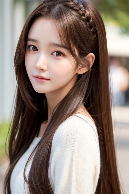 Long hair、Brown Hair、She looks like Yoona from Girls' Generation、White T-shirt and jeans、Wearing stiletto heels、Big eyes、Her chest is a C cup、Cute Nails、Natural Makeup