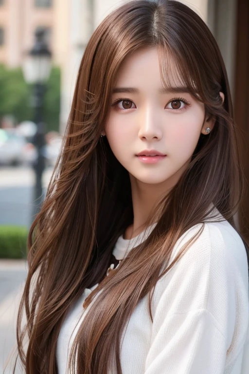 Long hair、Brown Hair、She looks like Yoona from Girls' Generation、White T-shirt and jeans、Wearing stiletto heels、Big eyes、Her chest is a C cup、Cute Nails、Natural Makeup