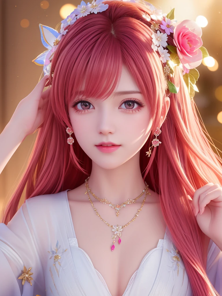 best quality, masterpiece, High target, There is a girl with a basket of flowers on her head, beautiful clothes, Hair Decorationss, necklace, Decorations, Pretty Face, When the body, Tyndall effect, Realistic Portraits, Edge lighting, Two-color light, (Very delicate skin:1.2), 8K uhd, Digital SLR Camera, Soft Light, high quality, Volumetric Lighting, Honest, photo, high resolution, 4K, 8K, Bokeh,Fuchsia hair,Orange hair tips, Pink Eyes.