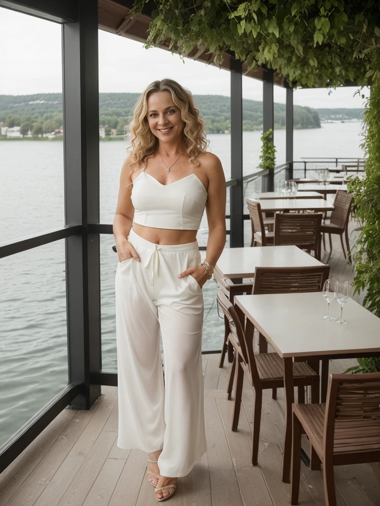 Dawn Zulueta, a solo photorealistic of Dawn Zulueta, Mature woman, (((45 years old woman))), (((Swedish brown eyes))), Swedish lips, Swedish high nose, (((with body and face wrinkle))), (((Swedish light blond long wavy curly blond hair))), (((On the veranda of a modern cafe overlooking a picturesque lake, she stands seductively, taking in the breathtaking view before her. The veranda is designed with contemporary elegance, featuring sleek metal railings and comfortable seating that allows patrons to relax and enjoy the scenery. Inside the cafe, large windows offer panoramic views of the lake, allowing natural light to flood the space and create an airy, open feel. The decor is minimalist and tasteful, with modern furnishings and perhaps some greenery to bring a touch of nature indoors.))), (((she is wearing a a bright yellow tube top paired with chic white see-through pants. The tube top is a bold statement piece, vibrant in color and flattering in its simplicity. It hugs the woman's upper body, accentuating her shoulders and neckline while adding a pop of cheerful color that catches the eye. Paired with the tube top, the white see-through pants add an element of sophistication and contrast. The pants are lightweight and airy, offering a peek at the silhouette underneath while maintaining a sense of elegance and modernity))), Let your face light up with a wide smile, crinkling your eyes at the corners and showing off your teeth. Radiate happiness and warmth., (((dynamic pose)))