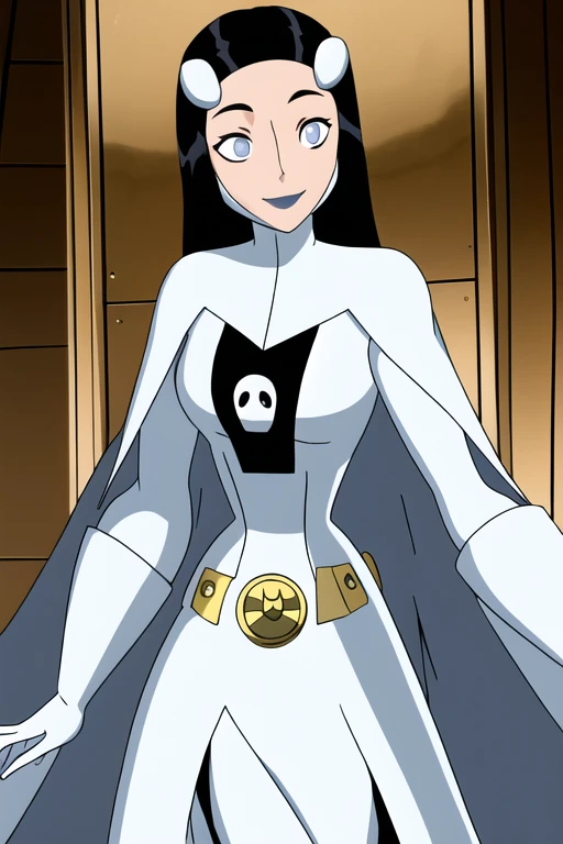 Phantom girl, solo, girl1, long black hair, bodysuit. grey eyes, smile, white hair ornament, grey lips, sanpaku, belt, white cape, white gloves, best quality, masterpiece, cowboy shot