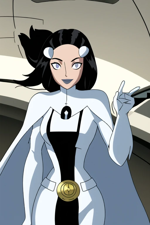 Phantom girl, solo, girl1, long black hair, bodysuit. grey eyes, smile, white hair ornament, grey lips, sanpaku, belt, white cape, white gloves, best quality, masterpiece, cowboy shot