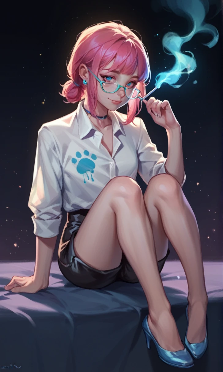 (score_9, score_8_up), score_7_up, score_6_up, score_5_up, score_4_up, 1girl, glowing blue smoke emerging from her hair, sitting on bed, glittery particles, dark background, vibrant, high contrast, painterly, traditional oil paint, white shirt with panda face design on it, black shorts, glasses,