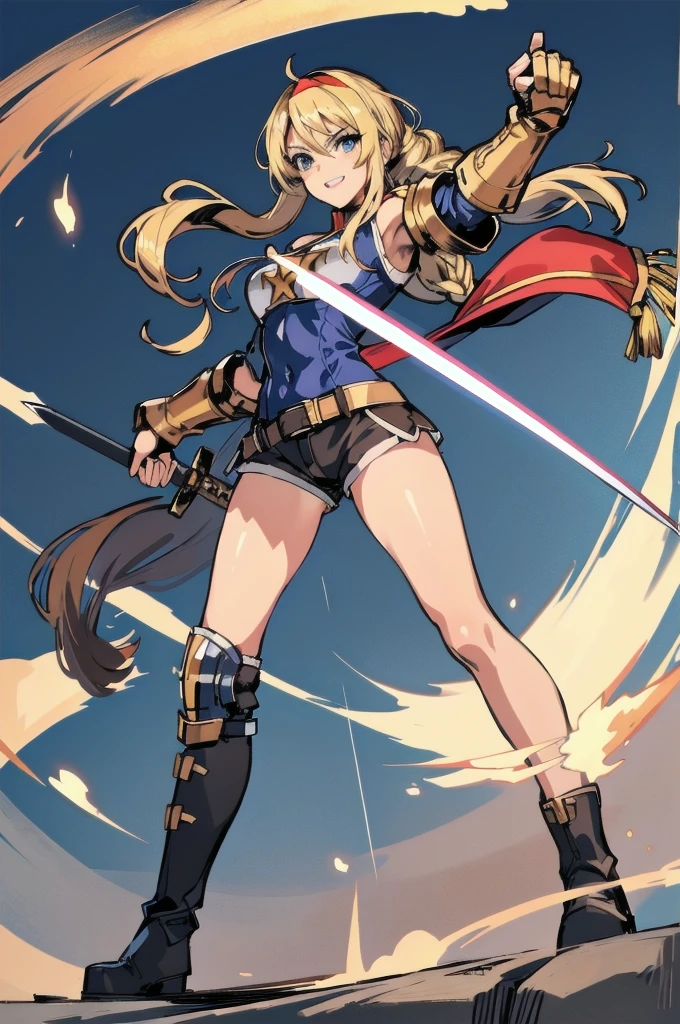 masterpiece, best quality, agrias, bare legs, standing, twirling, super speed, light swirls, time travel, super spin, cyclone spinning, wind swirls, (absurdres, 8k, 4k, masterpiece, hyper extreme detailed:1.2), solo, 1girl, portrait, best quality, expressive eyes, perfect face, 1girl, portrait, solo, Female, mature female, adult, perfect anatomy, cowboy shot, looking at viewer, 1girl, solo, blonde hair, blue eyes, graphic t-shirt, shorts, royal crown, fur cloak, brown hairband, hairband, long hair, standing, heroic, charismatic, leader, friendly, chunnibyou, delusional, believer, justice, black boots, white headband, king's crown, floating crown, royal, understanding, friendly, smiling, heroic, ripped clothing, gloves, armor, red eyes, gauntlets, grieves, stars, hopes, dreams, sword, detailed sword, golden sword, divine, radiance, bright sword, eyepatch,