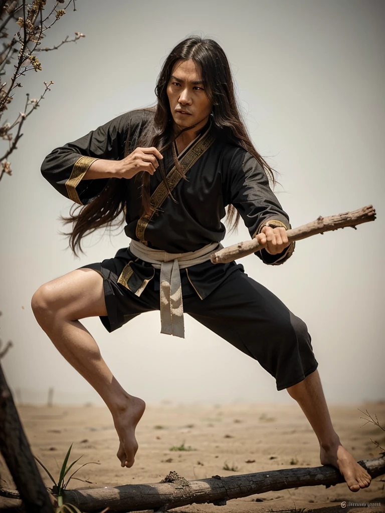 Old long haired ancient chinese kungfu master with stick in hand in cartoon style