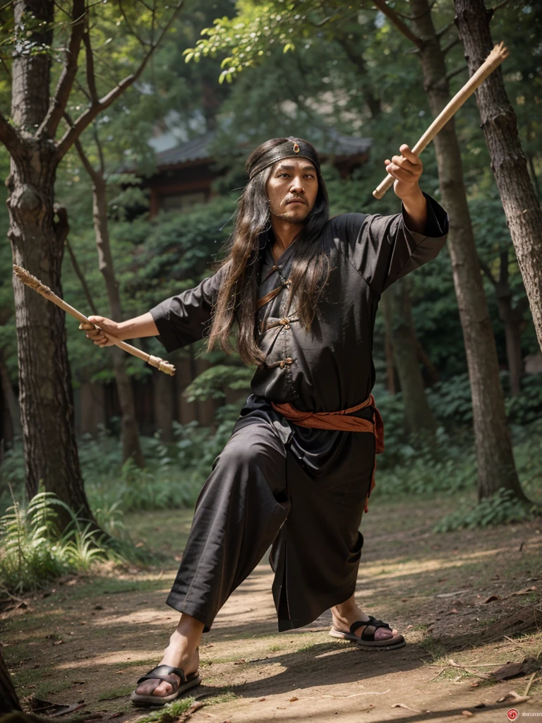 Old long haired ancient chinese kungfu master with stick in hand in cartoon style