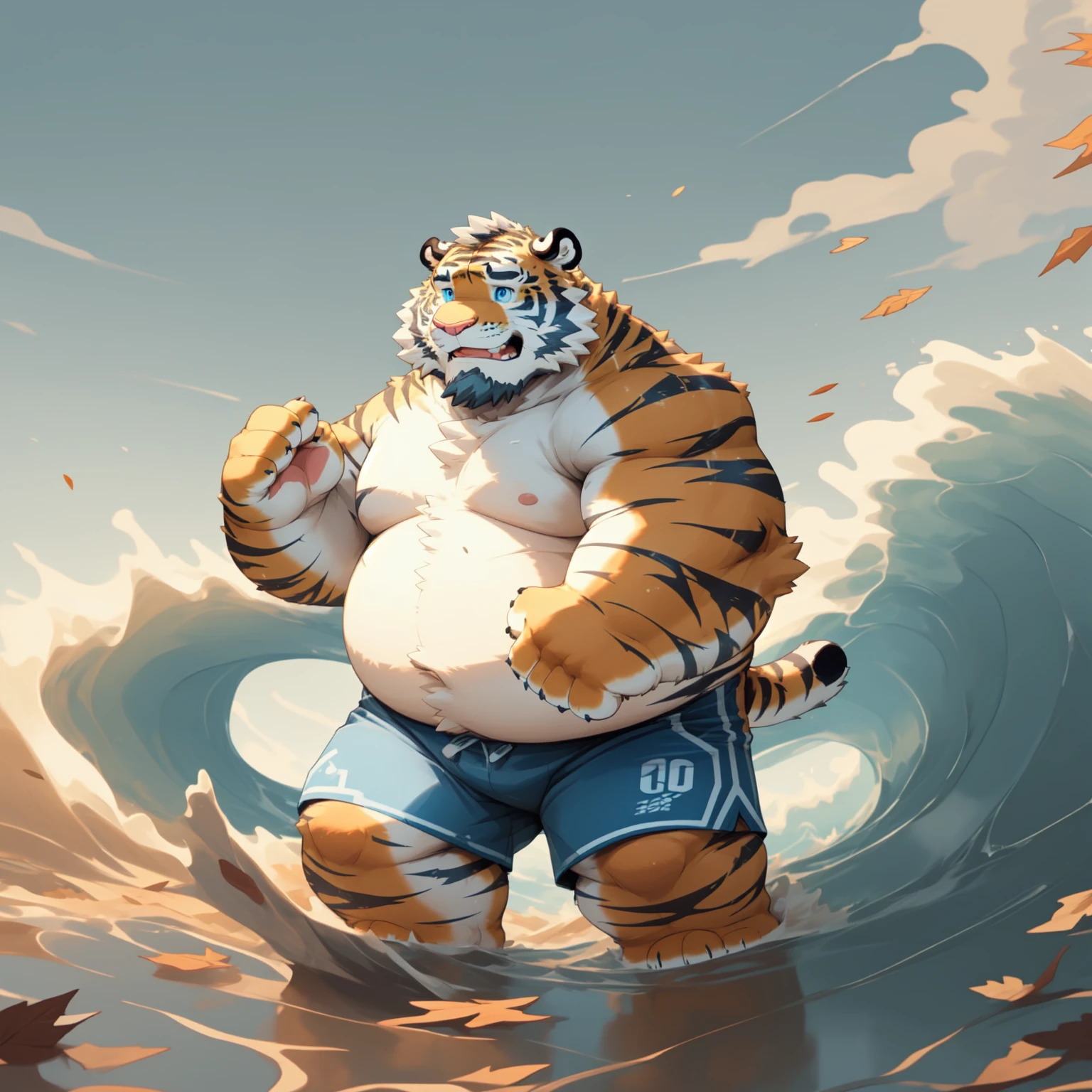 New Jersey 5 Furry,Tiger,Solitary,Chubby,Fat,Thick arms,Rugged muscles,shorts,orange Plush fur,Chubby Face,Black eyebrows,Sky blue eyes,Beard, （topless,short）,grassland，wave，Fallen Leaves