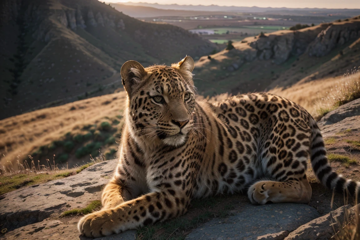 (best quality,4k,8k,highres,masterpiece:1.2),ultra-detailed,(realistic,photorealistic,photo-realistic:1.37),dawn,leopard perched on rugged cliff,overlooking vast grassland,dawn light casting long shadows,reflective eyes,soft sunlight,cinematic,illustration,high-definition,realistic fur texture,majestic,serene,ethereal,surreal,rich colors,warm tones,soft lighting