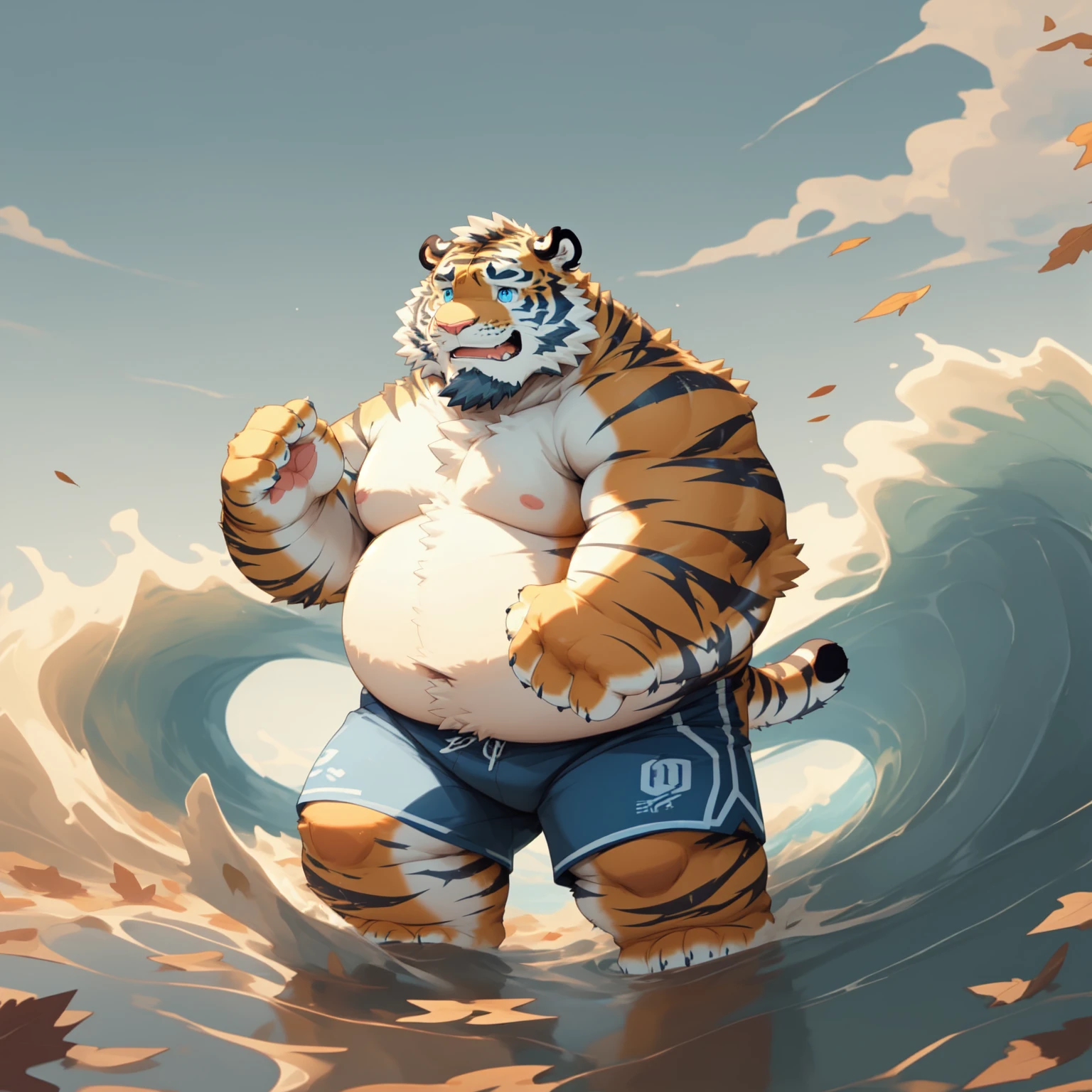 New Jersey 5 Furry,Tiger,Solitary,Chubby,Fat,Thick arms,Rugged muscles,shorts,orange Plush fur,Chubby Face,Black eyebrows,Sky blue eyes,Beard, （topless,short）,grassland，wave，Fallen Leaves