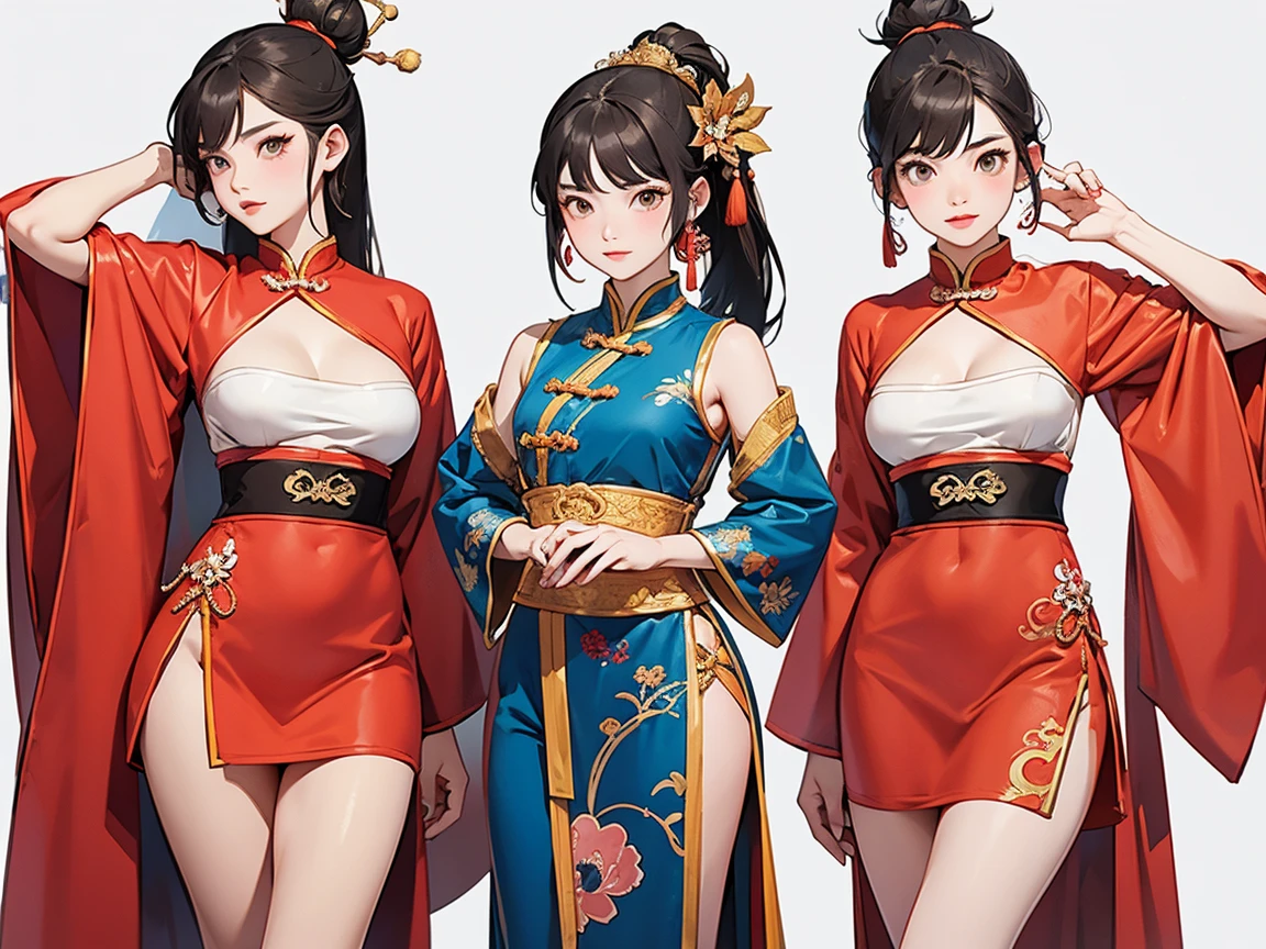 Costume，Chinese Tang Dynasty women，Standing，Show your shoulders，Show your arms，Show your thighs，Ball head hairstyle，whole body，Blank Background