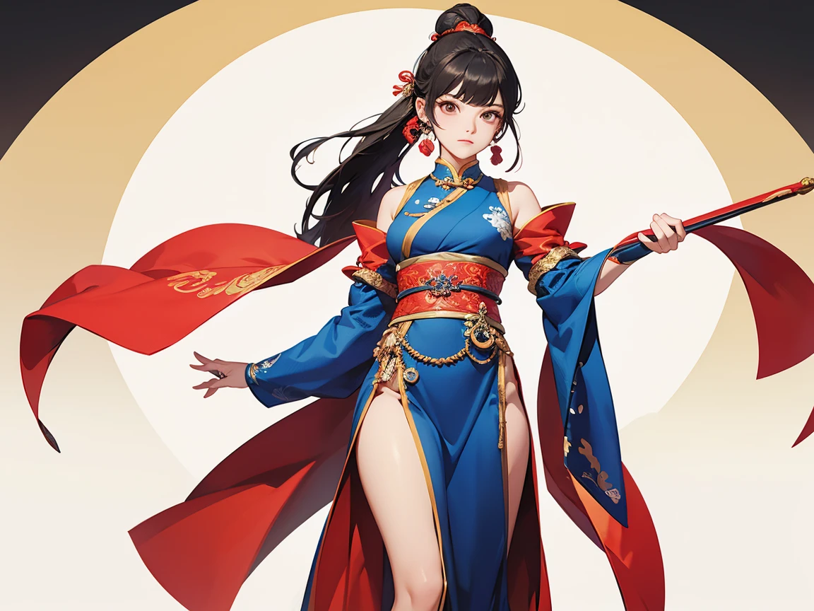 Costume，Chinese Tang Dynasty women，Standing，Show your shoulders，Show your arms，Show your thighs，Ball head hairstyle，whole body，Blank Background