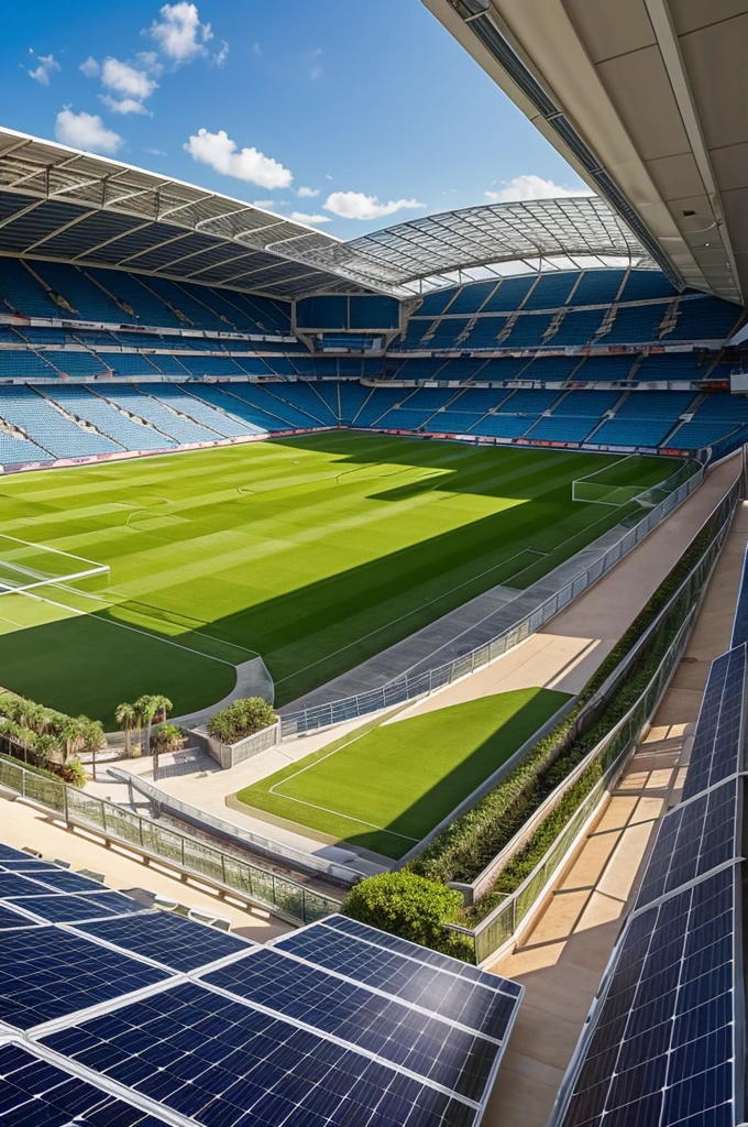 Professional soccer stadium retractable roof with solar panels integrates a shopping center and gardens of gardenias and palm trees