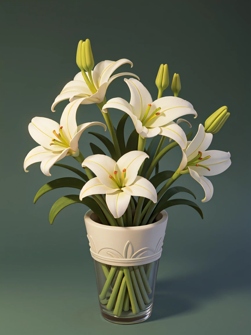 Bouquet of oriental lilies,Realism,Green Background,Medium shot,Studio Gippley style,Miyazaki style,2.5D,Game texture,lifelike