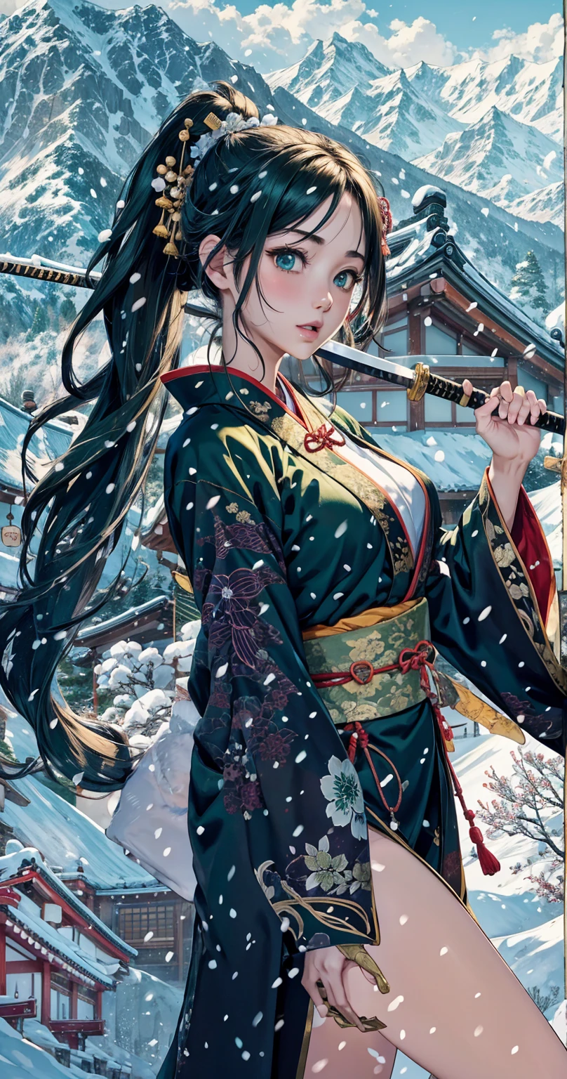 cute、Snow Mountain、Japanese house、Carrying a Japanese sword in his left hand、Dark green kimono、Thighs exposed、It's snowing、A world of silver、Yellow-green floral kimono、The Japanese sword he is holding in his left hand shines brightly.