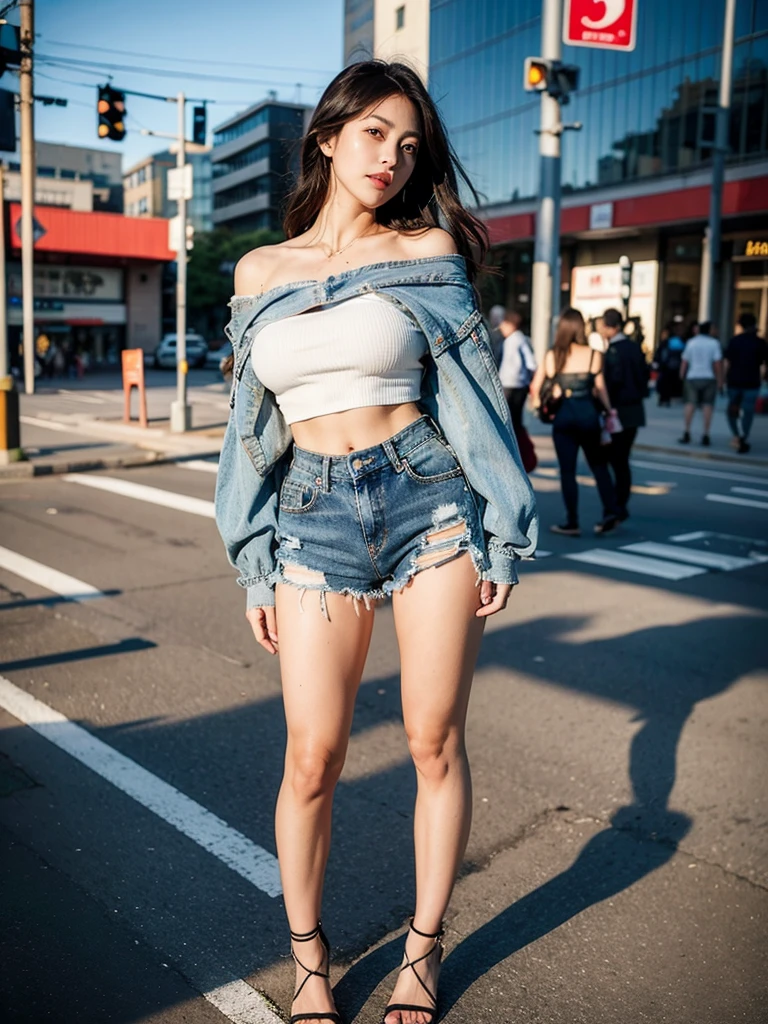 (masutepiece:1.3),(Street:1.4),(Cityscape:1.5),(Best Quality:1.3),(full body Esbian:1.3),(Large breasts:1.2),Denim Fur Guests,(Photorealistic:1.4),See-through,pantyhose,Midriff,(Ultra-detail:1.3),Unity 8k Wallpaper,1girll,独奏,see-through legwear,Navel,denim,Midriff,Shorts,croptop,Bare shoulders,high-heels,Outdoors