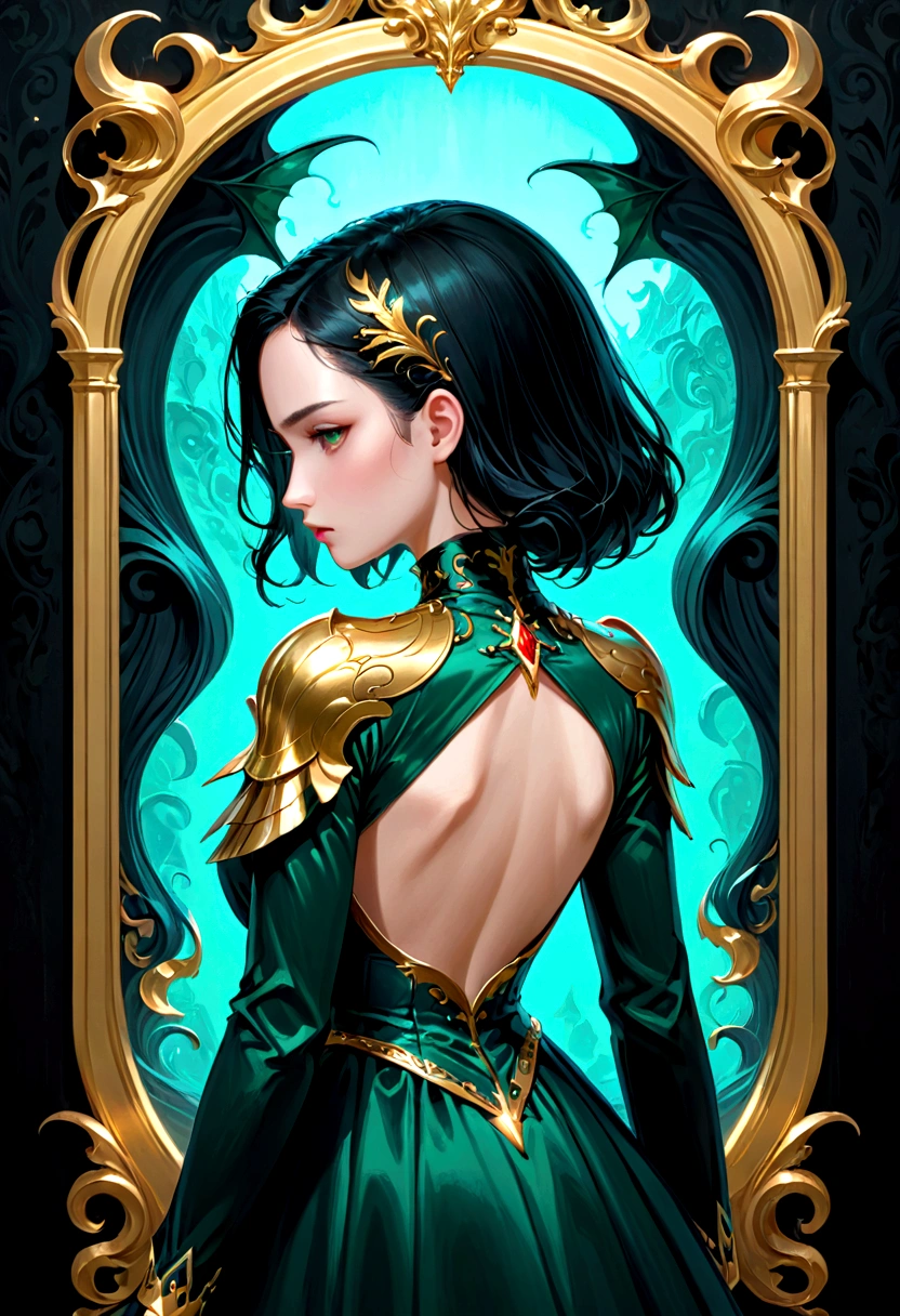 black hair, Dark theme, romance, novel, regal, vicious, girl with cape, only showing back, with gold and dark green theme, Surrealism, 8k, super detail