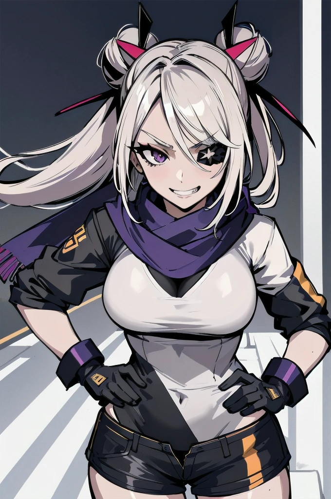 (absurdres, 8k, 4k, masterpiece, hyper extreme detailed:1.2), solo, 1girl, front view, perfect face, 1girl, portrait, looking at viewer, solo, standing, Female, toned body, mature female, medium breasts, pale, blonde hair, medium hair, sarcastic, delinquent, purple eyes, swept bangs, scars, casual wear, street wear, gross, messy, dirty, bloody, snarky, smirk, medium body, gyaru, crazy face, crazy smile, crazy eyes, hands on hips, shorts, wind, windy hair, moving hair, black ribbon, hair buns, adventurous, scarf, gloves, draping hair, eye patch, shirt,
