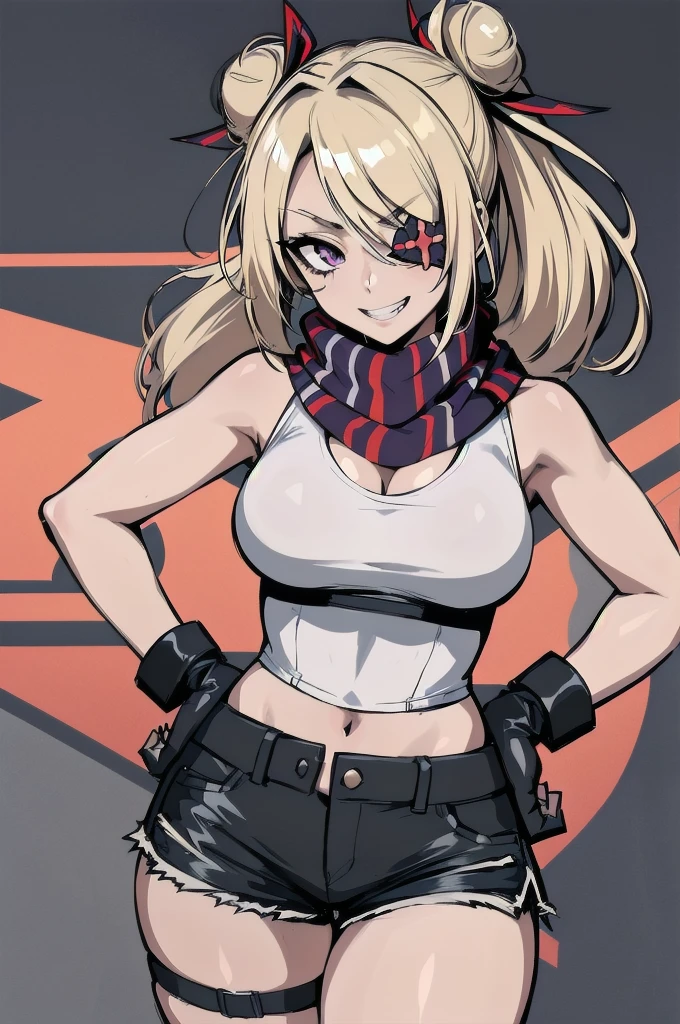 (absurdres, 8k, 4k, masterpiece, hyper extreme detailed:1.2), solo, 1girl, front view, perfect face, 1girl, portrait, looking at viewer, solo, standing, Female, toned body, mature female, medium breasts, pale, blonde hair, medium hair, sarcastic, delinquent, purple eyes, swept bangs, scars, casual wear, street wear, gross, messy, dirty, bloody, snarky, smirk, medium body, gyaru, crazy face, crazy smile, crazy eyes, hands on hips, shorts, wind, windy hair, moving hair, black ribbon, hair buns, adventurous, scarf, gloves, draping hair, eye patch, shirt,