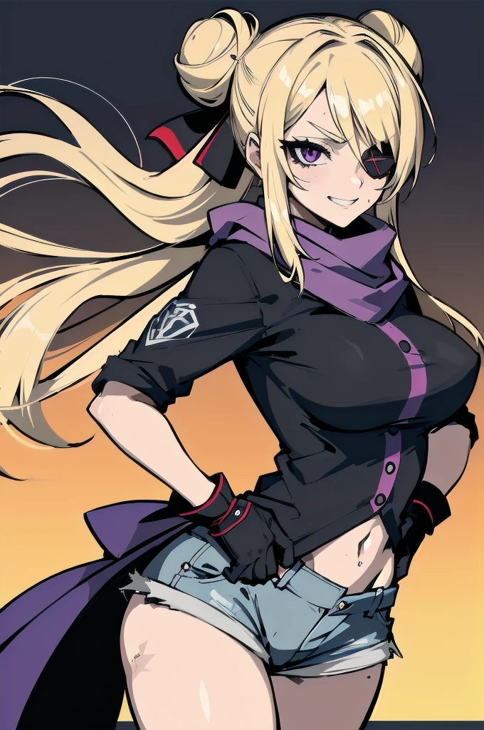 (absurdres, 8k, 4k, masterpiece, hyper extreme detailed:1.2), solo, 1girl, front view, perfect face, 1girl, portrait, looking at viewer, solo, standing, Female, toned body, mature female, medium breasts, pale, blonde hair, medium hair, sarcastic, delinquent, purple eyes, swept bangs, scars, casual wear, street wear, gross, messy, dirty, bloody, snarky, smirk, medium body, gyaru, crazy face, crazy smile, crazy eyes, hands on hips, shorts, wind, windy hair, moving hair, black ribbon, hair buns, adventurous, scarf, gloves, draping hair, eye patch, shirt,