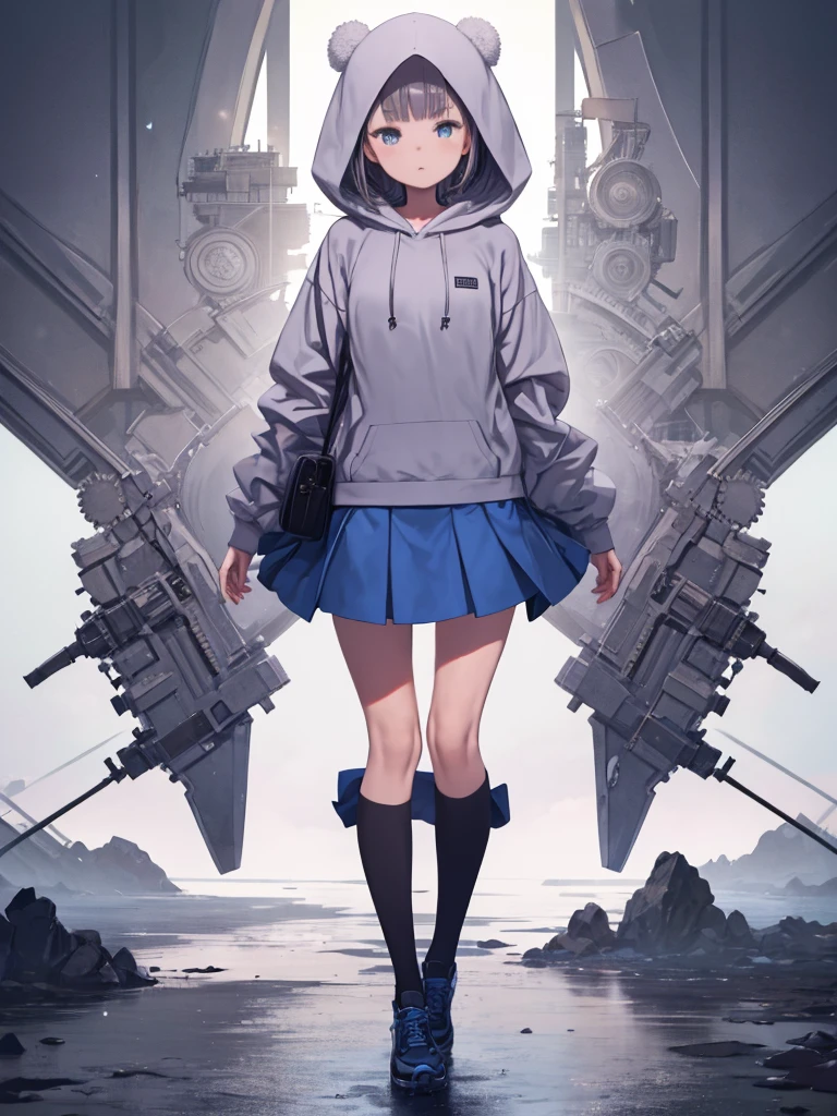 (masterpiece, Highest quality), One girl, Beautiful Face, Beautiful body, ichikawakana, Grey hoodie, Blue Skirt, The eyes are round