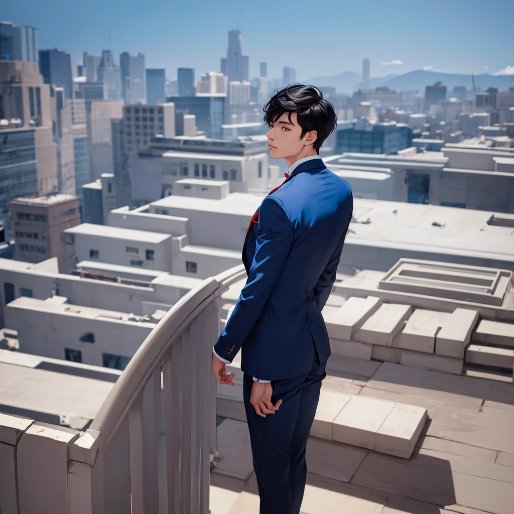 1boy, short black hair, red eyes, wearing all blue suits, on top of a building, high res, ultrasharp, 8k, masterpiece, looking at viewer from behind