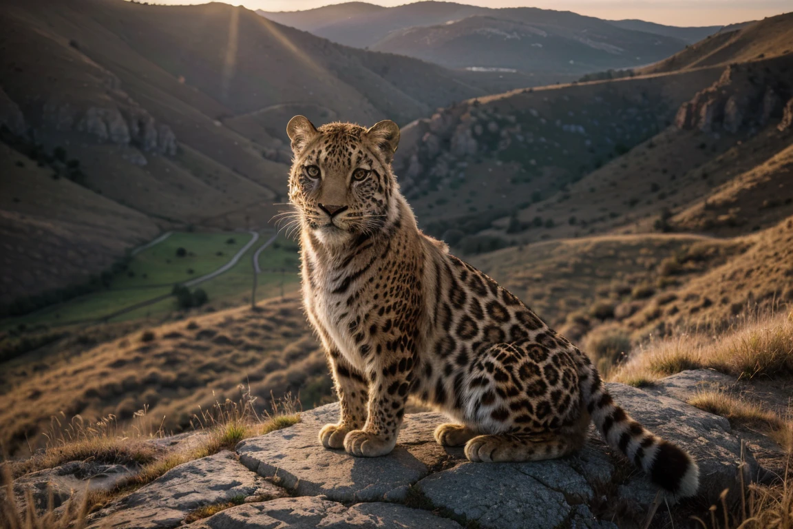 (best quality,4k,8k,highres,masterpiece:1.2),ultra-detailed,(realistic,photorealistic,photo-realistic:1.37),dawn,leopard perched on rugged cliff,overlooking vast grassland,dawn light casting long shadows,reflective eyes,soft sunlight,cinematic,illustration,high-definition,realistic fur texture,majestic,serene,ethereal,surreal,rich colors,warm tones,soft lighting