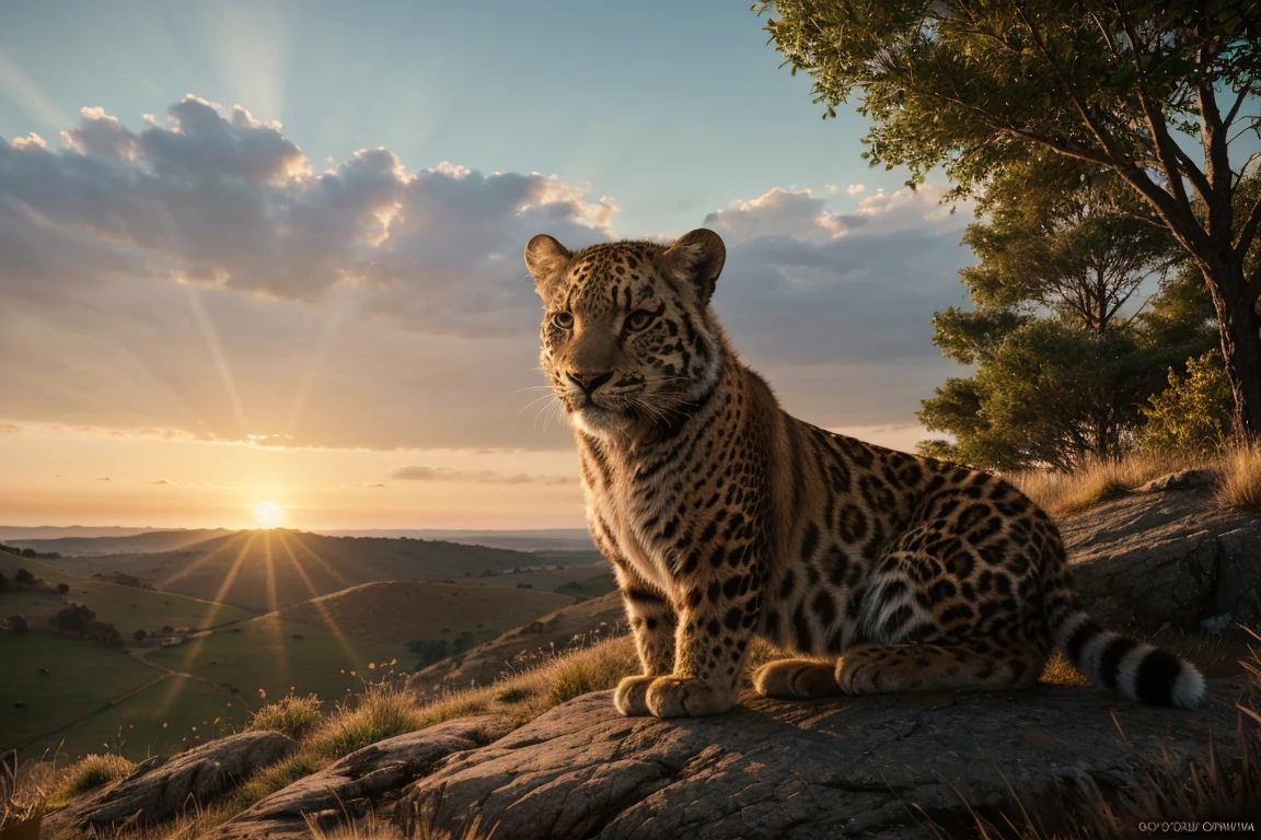 (best quality,4k,8k,highres,masterpiece:1.2),ultra-detailed,(realistic,photorealistic,photo-realistic:1.37),dawn,leopard perched on rugged cliff,overlooking vast grassland,dawn light casting long shadows,reflective eyes,soft sunlight,cinematic,illustration,high-definition,realistic fur texture,majestic,serene,ethereal,surreal,rich colors,warm tones,soft lighting