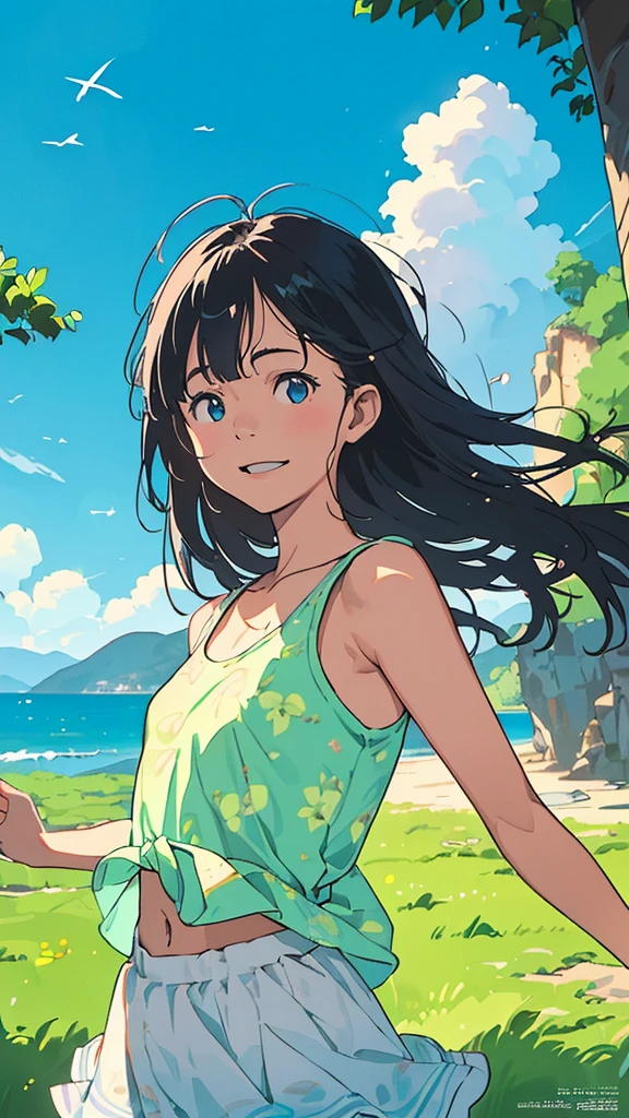 reasonable design, Clear lines, High Sharpness, (highest quality,8K,Perfect sharpness,Ultra fine,High resolution,masterpiece:1.2), Perfect Anatomy:1.5, Official Art, Illustrations that tell a story, (Whitish background:0. 9)、Body Positivity、More Mr.Physical expression、(Random and mischievous poses)、Perfect beauty、Perfect beautiful face、Strong winds、A rich expression、Dynamic composition、smile、Golden ratio composition、colorful、(Mr.Different angles and perspectives)、anime art、mini skirt、(Overcoming stereotypes)、 Glowing Skin、(Natural beauty)、smile、bangs、Straight Hair、(Soft and flowing hair)、(Rural Scenery)、(Nostalgic atmosphere)、Insert up to the thighs、(Playful and carefree)、(More Mr.Ethnic characters)、(innocent attitude)、(Sunny atmosphere)、Skirt flipped up、(Bright colors)、Belly button exposed、Beautiful Eyes、A skirt fluttering in the wind、Put it in to your feet、Some composition patterns、Tank top、上からアングル、Sensual、