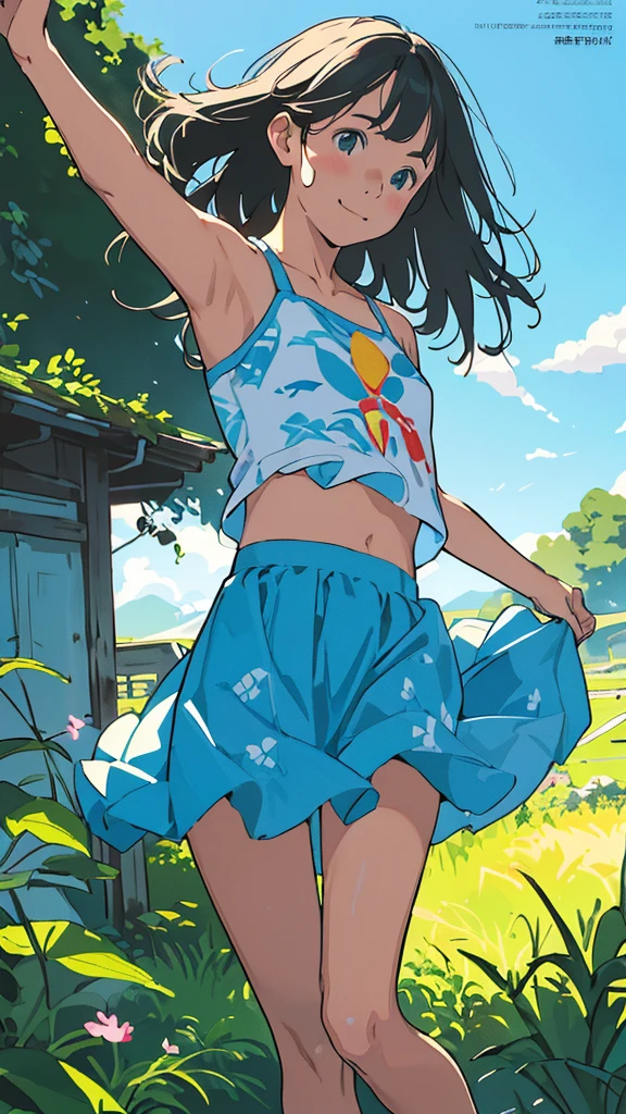 reasonable design, Clear lines, High Sharpness, (highest quality,8K,Perfect sharpness,Ultra fine,High resolution,masterpiece:1.2), Perfect Anatomy:1.5, Official Art, Illustrations that tell a story, (Whitish background:0. 9)、Body Positivity、More Mr.Physical expression、(Random and mischievous poses)、Perfect beauty、Perfect beautiful face、Strong winds、A rich expression、Dynamic composition、smile、Golden ratio composition、colorful、(Mr.Different angles and perspectives)、anime art、mini skirt、(Overcoming stereotypes)、 Glowing Skin、(Natural beauty)、smile、bangs、Straight Hair、(Soft and flowing hair)、(Rural Scenery)、(Nostalgic atmosphere)、Insert up to the thighs、(Playful and carefree)、(More Mr.Ethnic characters)、(innocent attitude)、(Sunny atmosphere)、Skirt flipped up、(Bright colors)、Belly button exposed、Beautiful Eyes、A skirt fluttering in the wind、Put it in to your feet、Some composition patterns、Tank top、上からアングル、Sensual、