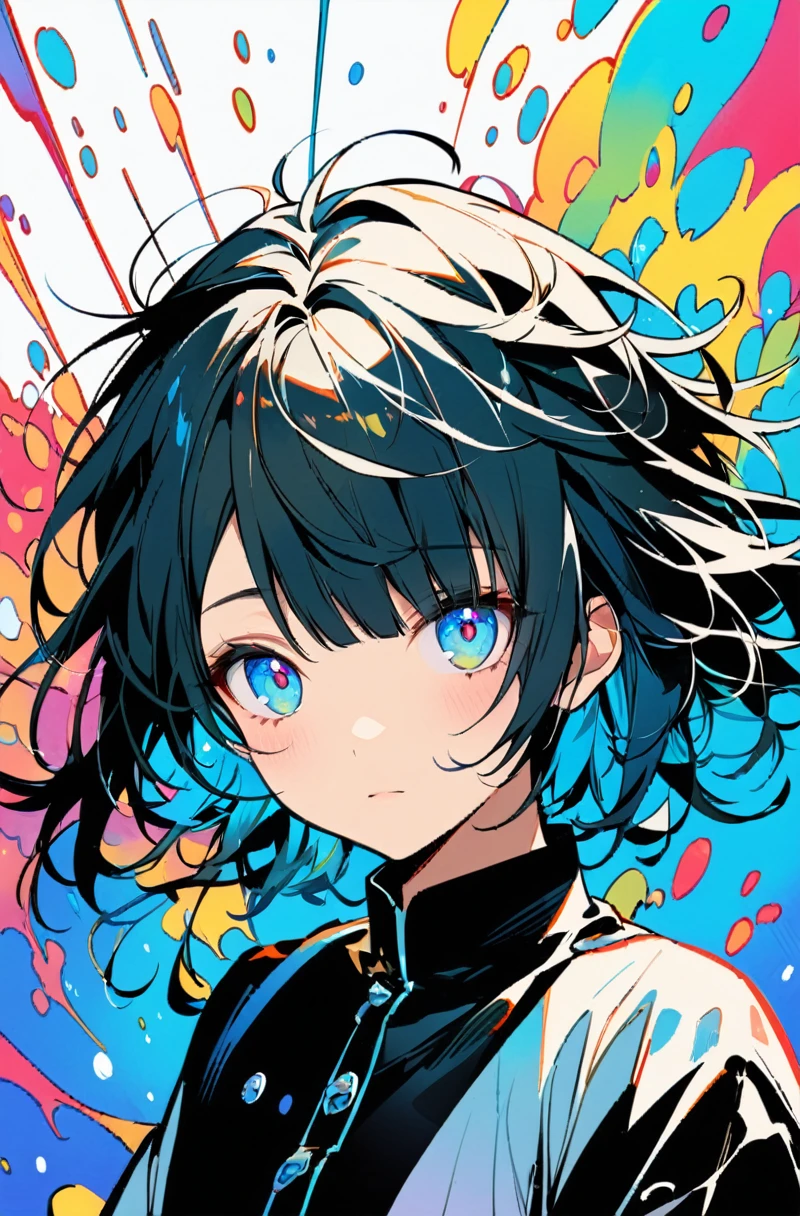 Xingqiu (masterpiece), (best quality), (Extremely detailed),(Messy hair),(illustration), (1 boy), Beautiful and delicate eyes,Delicate and beautiful face,floating,(High Saturation),(Colorful splash),Colored bubbles,(shining),Focus on the face