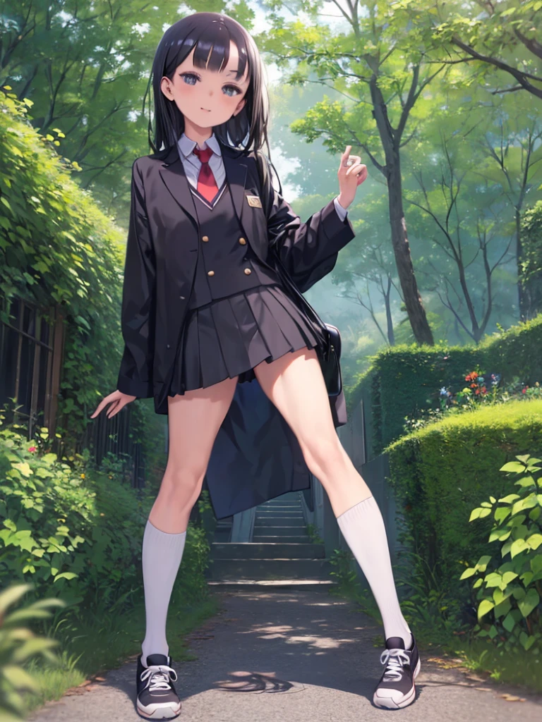 (8K, RAW Photos, 最high quality, masterpiece:1.2), high qualityのRAWカラー写真, Professional photo shoot, Cinematic Light, alone, (((young woman, Gal))), (Sharp features), (Small face), (Skin with attention to detail:1.2), clavicle, Cute face, Beautiful appearance, Long eyelashes,Girl Turning Around, smile, (Black Hair, Long straight line), high school student, Red tie, High School Uniform:1.2, Black jacket, Open jacket, Jacket cuff buttons, White shirt, Check skirt, Night Park, Birds chirping, Confident attitude, Capture the happy moment, Artistic painting,Attractive thighs, loose socks:1.2, sneakers:1.2, (Very fine touch:1.2), (はにかんだsmile), Peaceful atmosphere, Oil painting style, Bright colors, (Are standing:1.5, lean on a tree, Full body portrait), Smooth texture, Gazing Eyes, Beautiful Skin, Shiny skin, ((Perfect Fingers, Five Fingers, Anatomically correct)), Background Blur, high quality, Surreal, ((Very detailed, photo shoot)),(Skirt flip、I can see her panties),,