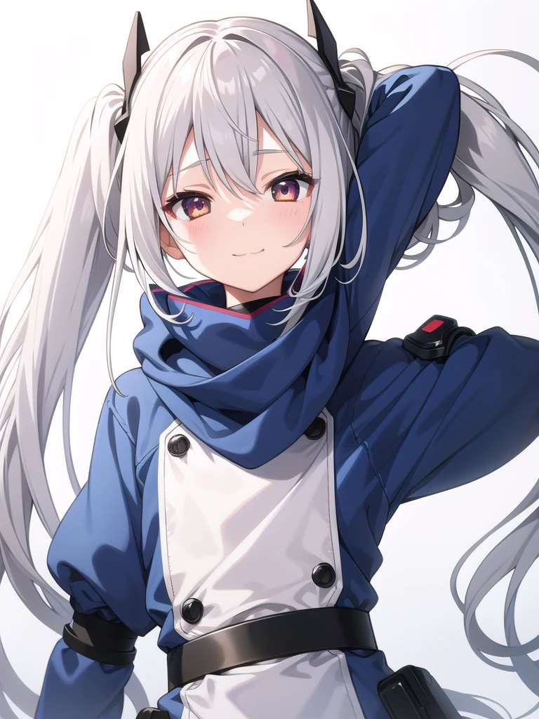 1girl, anime girl, silver hair, long twintails, silver eyes, white background, closed mouth small smile, small closing eyes