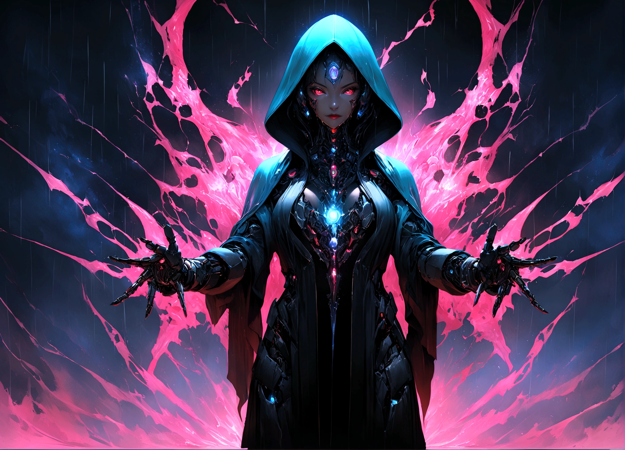 masterpiece, cyborg, The body is glamorous、, Wearing a hood, Shrouded in shadow, , Positano colours, Completely in frame, whole body, Emits electrical energy, whole body, Beautiful anime waifu style man, Ultra-detailed CG paintings, Luminism, Art by Kahn Griffith and Vadim Kashin Concept Art, 8K resolution, Fractal isometric details Bioluminescence , complicatedly detailed , Cinematic, trending on art station Isometric Centered hyper Realistic cover photo awesome full color, Grainy, Realistic, complicated, Hit definition , Cinematic, Bold, Vibrant, amazing, Super high quality model、Being pelted by rain in the dark、Controlling Lightning、Red eyes