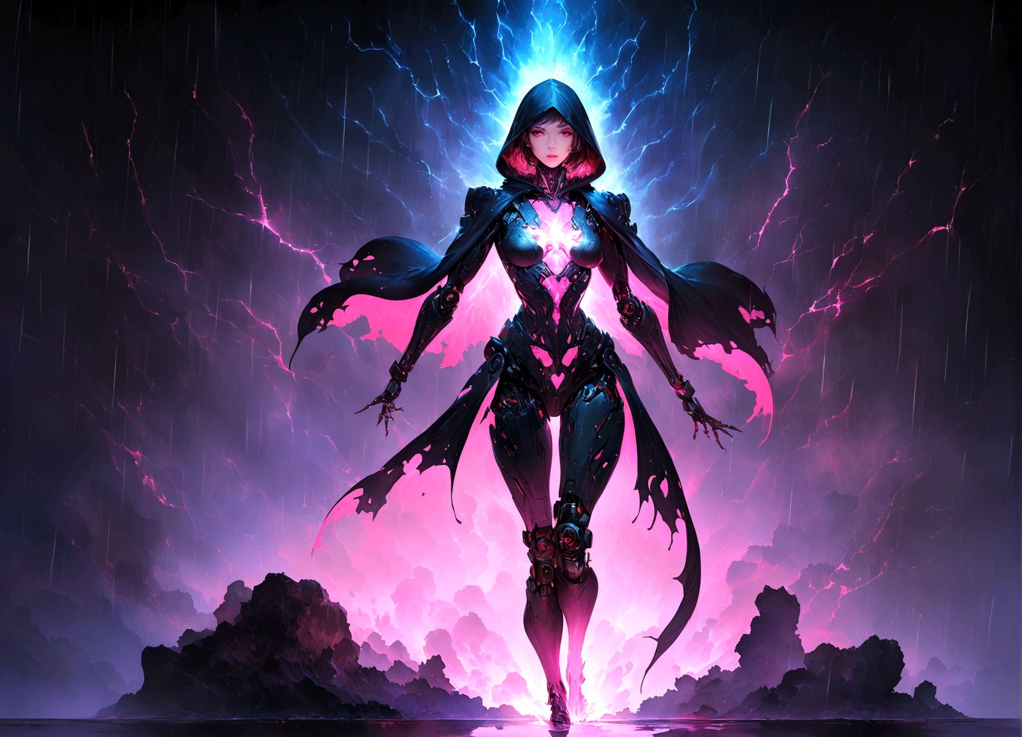 masterpiece, cyborg, The body is glamorous、, Wearing a hood, Shrouded in shadow, , Positano colours, Completely in frame, whole body, Emits electrical energy, whole body, Beautiful anime waifu style man, Ultra-detailed CG paintings, Luminism, Art by Kahn Griffith and Vadim Kashin Concept Art, 8K resolution, Fractal isometric details Bioluminescence , complicatedly detailed , Cinematic, trending on art station Isometric Centered hyper Realistic cover photo awesome full color, Grainy, Realistic, complicated, Hit definition , Cinematic, Bold, Vibrant, amazing, Super high quality model、Being pelted by rain in the dark、Controlling Lightning、Red eyes