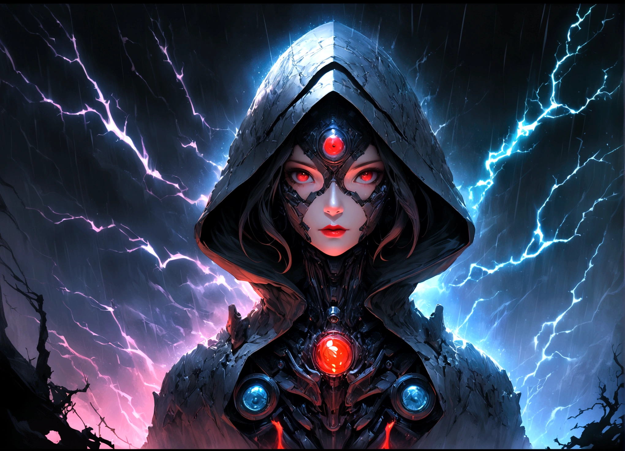 masterpiece, cyborg, The body is glamorous、, Wearing a hood, Shrouded in shadow, , Positano colours, Completely in frame, whole body, Emits electrical energy, whole body, Beautiful anime waifu style man, Ultra-detailed CG paintings, Luminism, Art by Kahn Griffith and Vadim Kashin Concept Art, 8K resolution, Fractal isometric details Bioluminescence , complicatedly detailed , Cinematic, trending on art station Isometric Centered hyper Realistic cover photo awesome full color, Grainy, Realistic, complicated, Hit definition , Cinematic, Bold, Vibrant, amazing, Super high quality model、Being pelted by rain in the dark、Controlling Lightning、Red eyes
