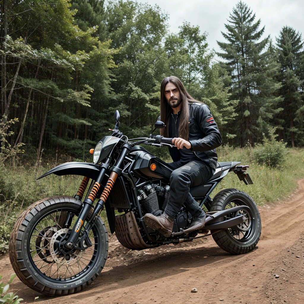 Boy ,long hair, villan look , bike , off road