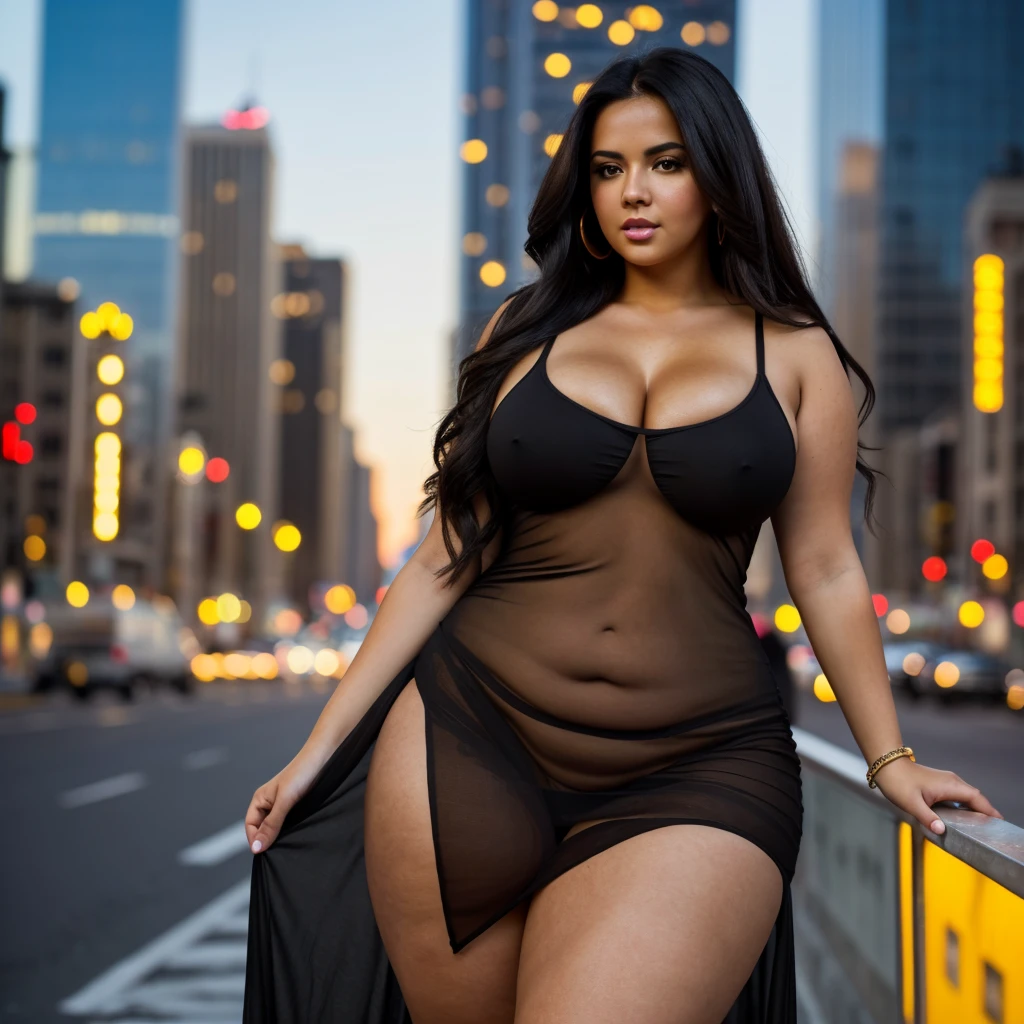 (latina Brunette Plus size woman), (large and sexy body), (long black hair), (Big breasts), ((Wearing a tight, transparent black dress)), (busy city background), (golden hour light), (photo realism), (hyper detailed), diffuse lighting, (Slightly blurred background with bokeh effect)