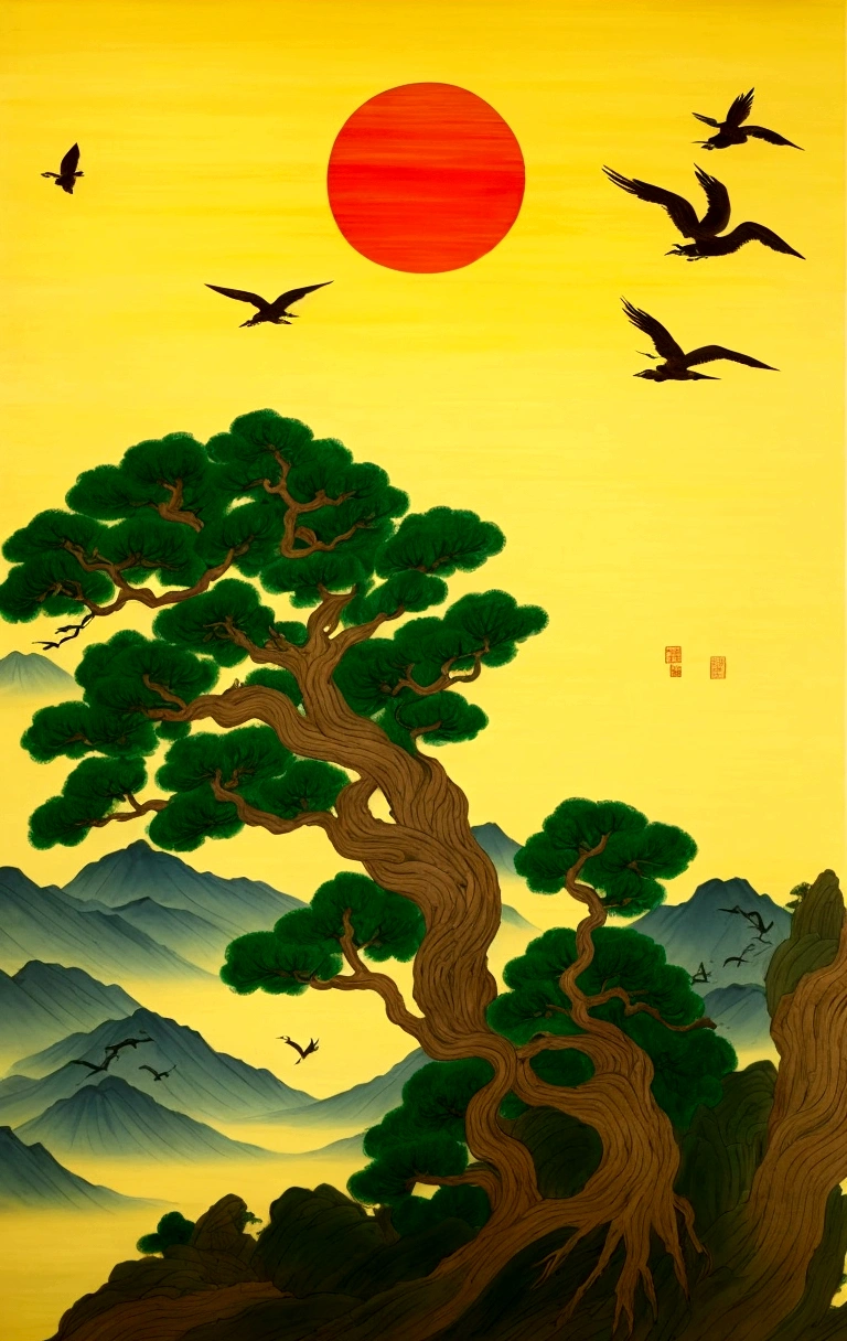 a painting of a sunset with a tree and birds flying over it, feng shu, chinese surrealism, 中 元 节, chinese landscape, chinese fantasy, jin shan, by Li Keran, qi sheng luo, hua cheng, 千 葉 雄 大, chinese style painting, yang qi, full view